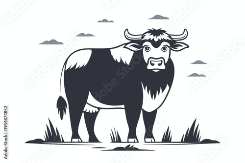 Monochrome stylized ox gazes forward standing on grass beneath a few clouds above