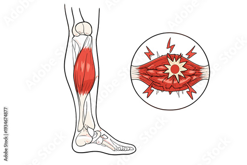 Diagram of human leg showing muscles and pain in calf area with