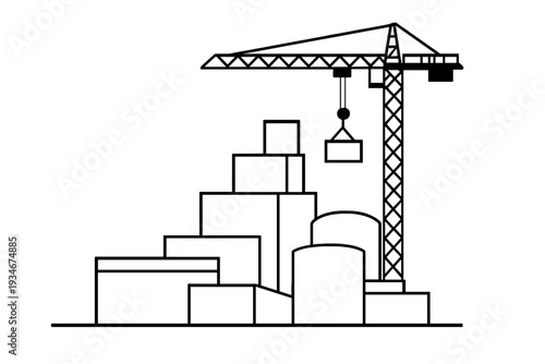 Construction site with crane lifting blocks during daytime in an urban