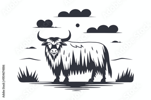 Monochrome drawing shows a woolly yak standing beneath stylized clouds near tufts of grass