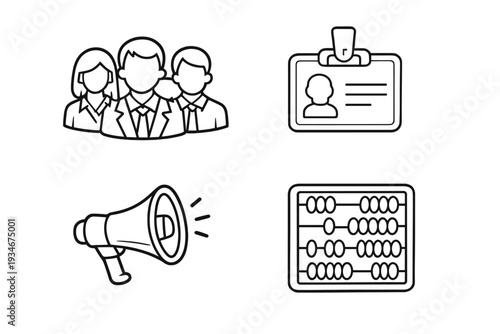 People in suits with ID badges and an abacus with a megaphone show