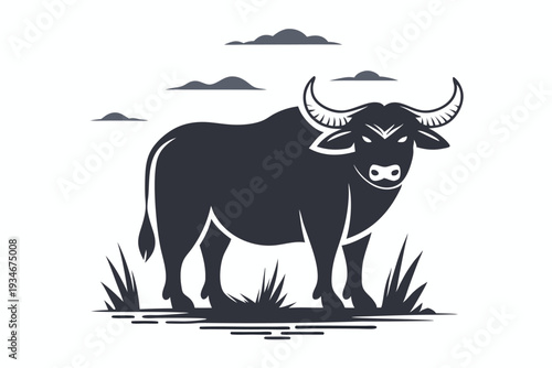 Monochrome art presents a large spotted cow standing confidently on grassy ground