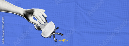 Workplace exclusion concept. Collage halftone hand dragging office chair away, job removal and corporate pressure. Vector illustration