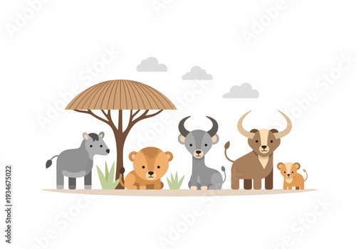 Cartoon Animals Standing Together Under Tree.