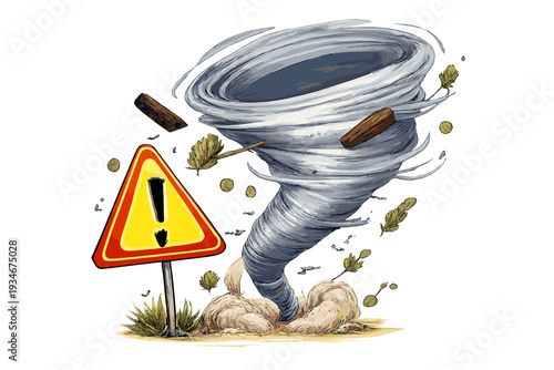 Tornado warning sign with swirling winds and debris in a landscape