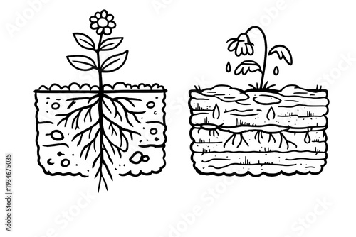 Illustration showing plant growth with roots and soil layers in a