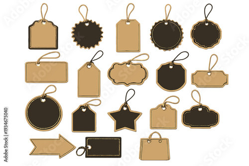 Variety of blank labels and tags arranged on a white background for
