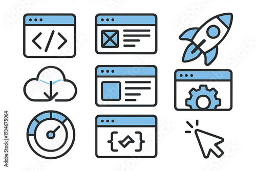 Design elements showing web development concepts with icons for coding