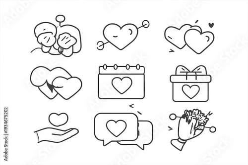 Various icons represent love and affection in a simple layout