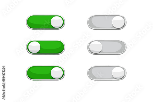 Toggle switches displayed in two colors green and gray showing on and