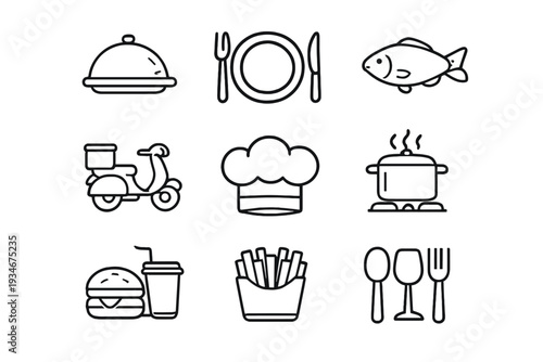 Various icons representing food items and dining activities for