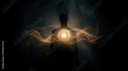Glowing Silhouette Emanates Radiant Light Waves in Dark Void
