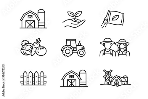 Graphic representation of farm elements showing planting crops and