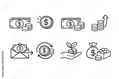 Icons showing various financial concepts such as money investments and