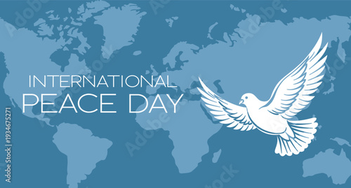 International peace day. Silhouette of a white dove against a background of world map. Festive Illustration.