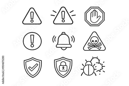 Warning signs and symbols displayed on a white background showing