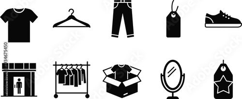 Retail and Fashion Icon Set Featuring T-shirt Hanger Pants Price Tag Sneaker Storefront Clothing Rack Shipping Box Mirror and Star Label