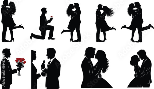 Romantic Couple Silhouette Set for Wedding Invitation, Valentine Day Proposal, Man Proposing to Woman with Rose, Sweet Kisses and Hugs,