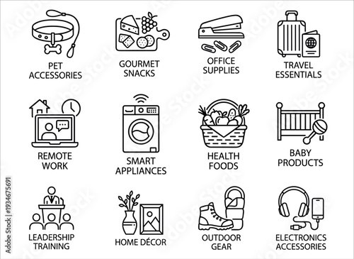 Set of 12 E-commerce Product Category Line Icons Vector