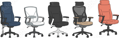 Minimal hand-drawn vector illustration set of ergonomic office chairs with clean outline style and consistent stroke width