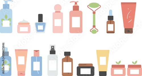 Minimal hand-drawn vector illustration set of skincare and cosmetic bottles, jars, and tools in clean outline style