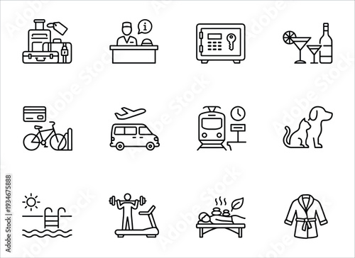 Set of 12 Hotel and Travel Outline Icons Vector