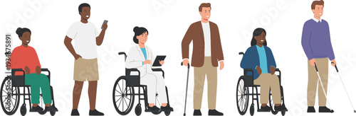 Minimalist vector graphics of people with physical disabilities and mobility aids for modern social awareness and corporate branding