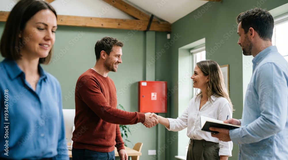 Obraz premium Diverse group of colleagues meeting in a modern office setting, two people shaking hands as a welcome or agreement gesture