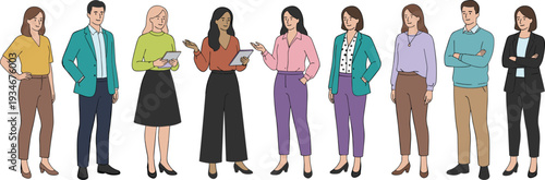 Vector set of diverse business professionals in smart casual attire including women in colorful blazers and patterned shirts