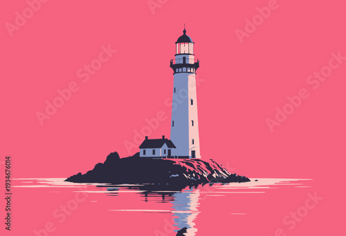 Solitary lighthouse standing resilient against a vibrant pink sky on a remote rocky island, reflecting peacefully in the calm surrounding waters at sunset