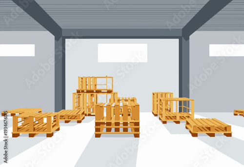 Spacious Warehouse Interior Featuring Neatly Arranged Wooden Pallets and Strong Metal Beams Under Soft Natural Lighting Through High Windows