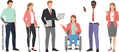Vector set of diverse inclusive professionals including wheelchair users people with prosthetic limbs and individuals on crutches