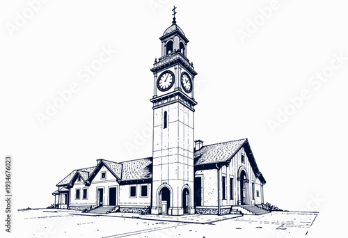 Historic Clock Tower with Classic Trimmings Dominates the Landscape of Elegant Architectural Structure in Vintage Architectural Sketch
