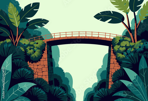 Serene Stone Bridge Arched Over Lush Jungle Foliage Amidst Towering Greenery and Vibrant Tropical Leaves Creating a Peaceful and Natural Paradise Scene