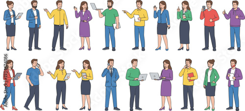 Vector set of diverse office professionals featuring people on phone calls using laptops and giving thumbs up gestures