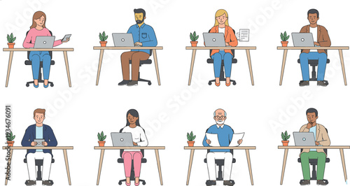 Vector set of diverse office professionals working at desks with laptops tablets and documents in thin line art