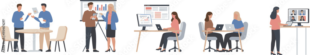 Fototapeta premium Flat vector set of modern office scenarios including team meetings data presentations and remote video conferencing