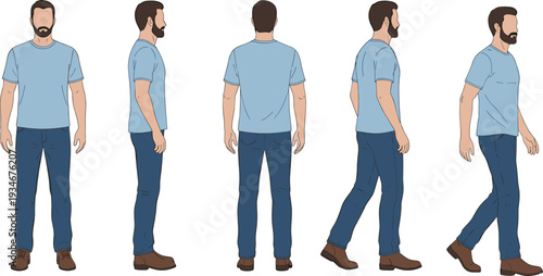 Flat vector set of a bearded man in a blue t-shirt and jeans featuring standing walking and side profile poses