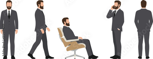 Flat vector set of a bearded businessman in a gray suit featuring standing walking sitting and talking on phone poses