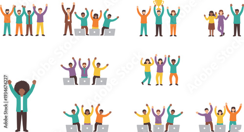 Flat vector set of business teams celebrating success including groups holding a trophy and professionals cheering at laptops