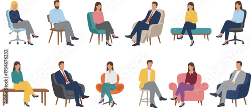 Flat vector set of diverse people sitting on various furniture including office chairs armchairs stools and benches