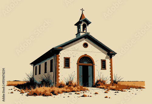 An isolated rustic chapel stands peacefully amidst a barren landscape, showcasing simplistic architectural beauty with its serene ambiance and intricate details