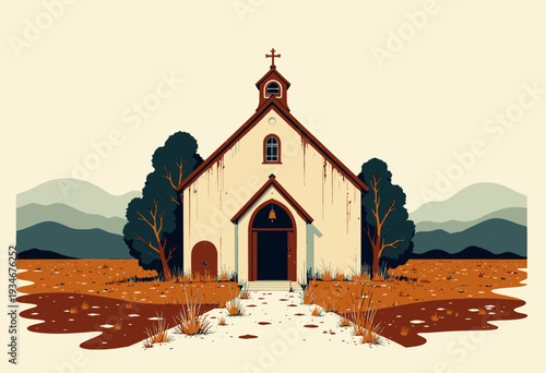 Historic chapel situated in a serene landscape with distant rolling hills, surrounded by barren fields and rustic scenery under a clear sky