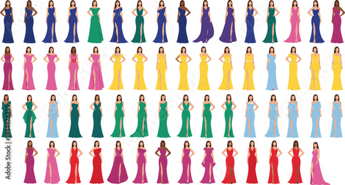 Flat vector set of sixty diverse women in elegant evening gowns featuring formal dresses in various colors and styles