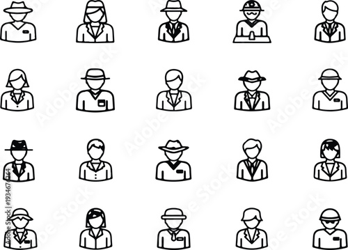 Vector illustration of various human avatar icons representing different professions and characters