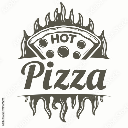 A monochrome styled vintage drawing highlights hot pizza with dripping cheese