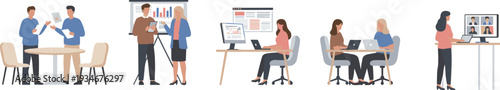 Flat vector set of modern office scenarios including team meetings data presentations and remote video conferencing