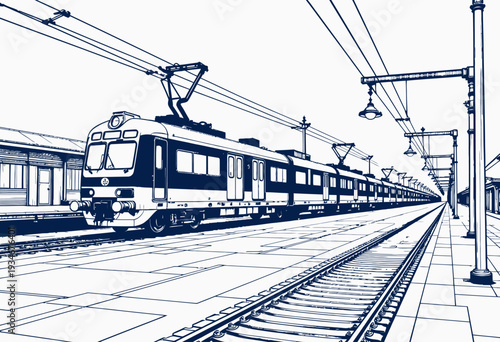 Illustration of a Modern Electric Train in Perspective on a Clean and Minimalist Railway Station Platform