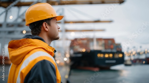 Wallpaper Mural Port crane operator waiting for clearance while container ship queue stretches to horizon in busy harbor, perfect for maritime logistics delay concept, port congestion, shipping disruption, global Torontodigital.ca