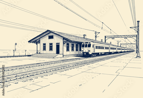 Vintage Railway Station with Classic Train and Tracks in Detailed Line Drawing Illustration Capturing Architectural and Transportation Elements